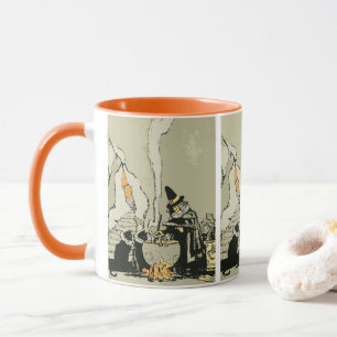 Vintage Halloween, Hexe mit Kessel und Katzen Tasse