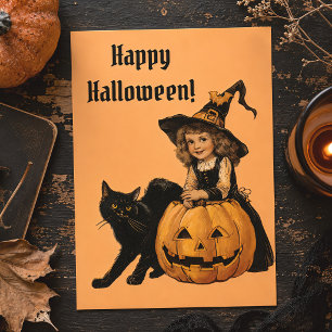 Vintage Halloween-Hexe mit Kürbis Postkarte