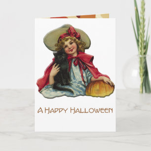 Vintage-Halloween-Hexe mit Kürbis und Katze Karte