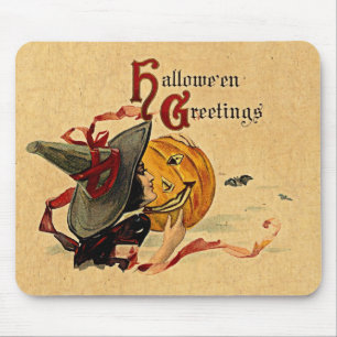 Vintage Halloween-Hexe mit roten Ribbons Mousepad