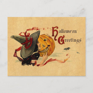 Vintage Halloween-Hexe mit roten Ribbons Postkarte
