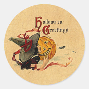 Vintage Halloween-Hexe mit roten Ribbons Runder Aufkleber