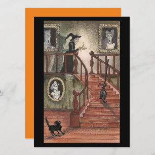 Vintage Halloween-Hexe mit schwarzen Katzen