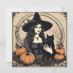 Vintage Halloween-Hexe mit schwarzer Katze, Kürbis Feiertagskarte