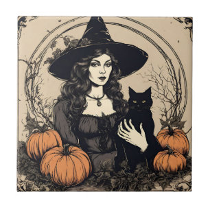 Vintage Halloween-Hexe mit schwarzer Katze, Kürbis Fliese