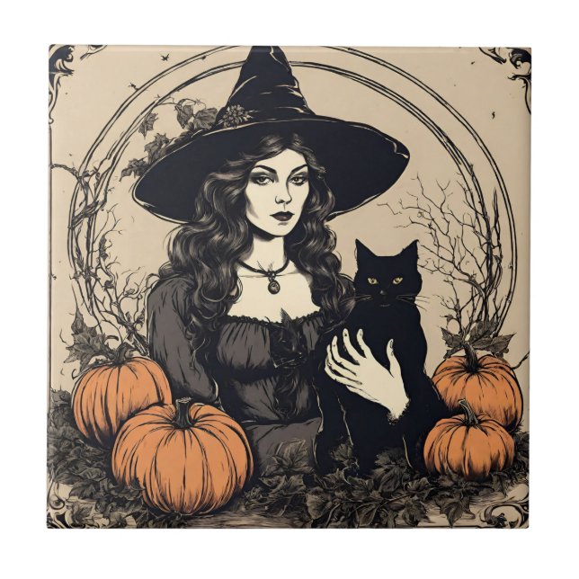 Vintage Halloween-Hexe mit schwarzer Katze, Kürbis Fliese (Vorderseite)