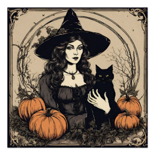 Vintage Halloween-Hexe mit schwarzer Katze, Kürbis Poster