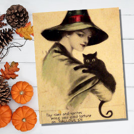 Vintage Halloween-Hexe mit schwarzer Katze Postkarte