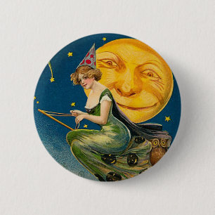 Vintage-Halloween-Hexe-Mond Button