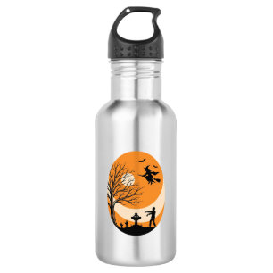 Vintage-Halloween-Hexe-Mond-Friedhof-Vektor-Desi Edelstahlflasche