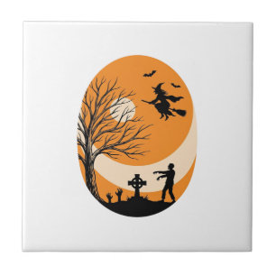 Vintage-Halloween-Hexe-Mond-Friedhof-Vektor-Desi Fliese