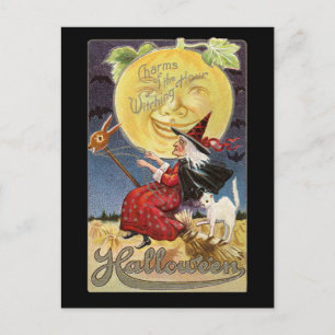 Vintage-Halloween-Hexe-Mond-Postkarte Postkarte