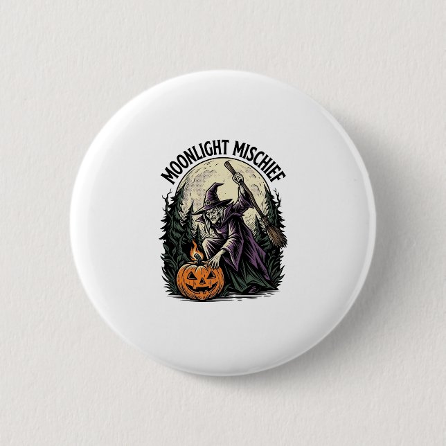 Vintage-Halloween-Hexe-Mondlicht-Schabernack-Grafi Button (Vorderseite)