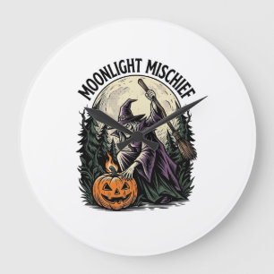 Vintage-Halloween-Hexe-Mondlicht-Streich-Grafik Große Wanduhr