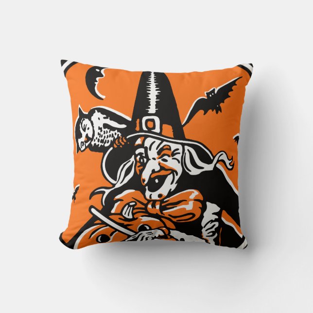 Vintage Halloween-Hexe-Owl-Illustration Kissen (Vorderseite)