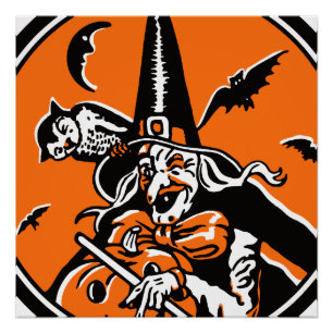 Vintage Halloween-Hexe-Owl-Illustration Poster
