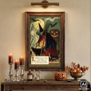 Vintage-Halloween-Hexe rührt magischen Kessel Poster