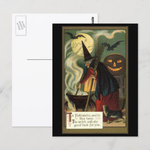 Vintage-Halloween-Hexe rührt magischen Kessel Postkarte