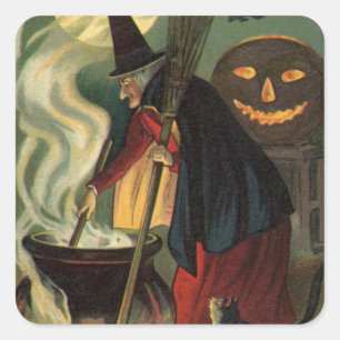 Vintage-Halloween-Hexe rührt magischen Kessel Quadratischer Aufkleber