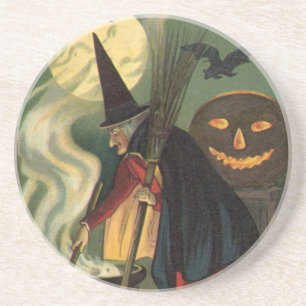 Vintage-Halloween-Hexe rührt magischen Kessel Sandstein Untersetzer