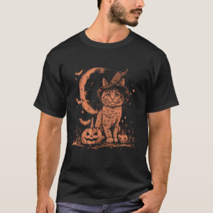 Vintage-Halloween-Hexe-schwarze-Katze-Kürbis-Mädch T-Shirt