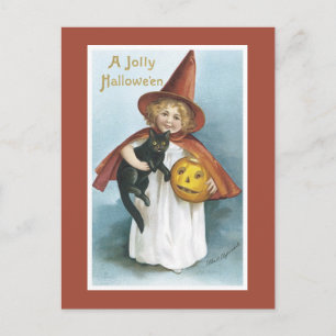 Vintage-Halloween-Hexe-Schwarze-Katze-Postkarte Postkarte