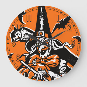 Vintage-Halloween-Hexe-und-Eule-Illustration Große Wanduhr