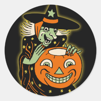 Vintage Halloween Hexe und Jack O'Lantern Runder Aufkleber
