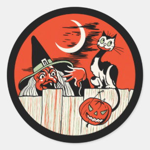 Vintage-Halloween-Hexe-und-Katze-Aufkleber Runder Aufkleber