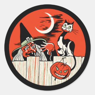Vintage-Halloween-Hexe-und-Katze-Aufkleber Runder Aufkleber