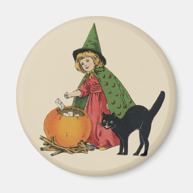 Vintage Halloween Hexe und Katze, Ellen Clapsaddle Magnet (Vorne)
