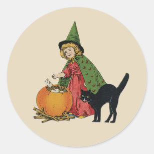 Vintage Halloween Hexe und Katze, Ellen Clapsaddle Runder Aufkleber