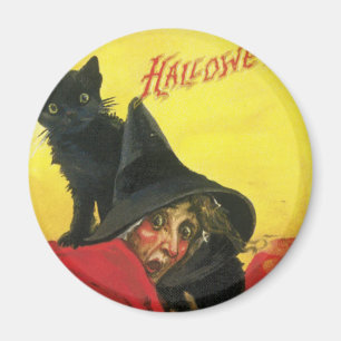 Vintage Halloween Hexe und Katze Magnet