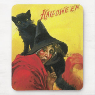 Vintage Halloween Hexe und Katze Mousepad