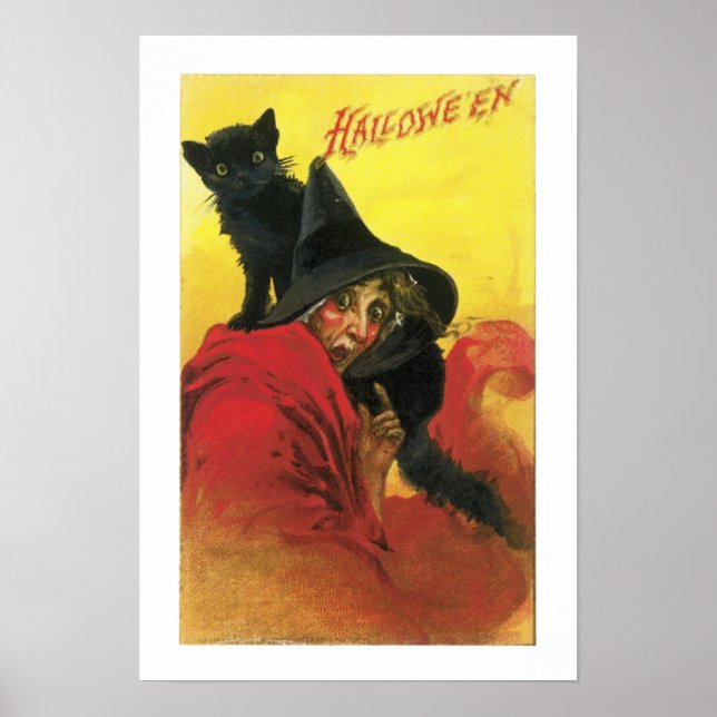Vintage Halloween Hexe und Katze Poster (Vorne)