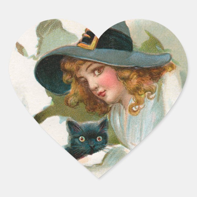 Vintage Halloween-Hexe und Kitty-Sticker Herz-Aufkleber (Vorderseite)