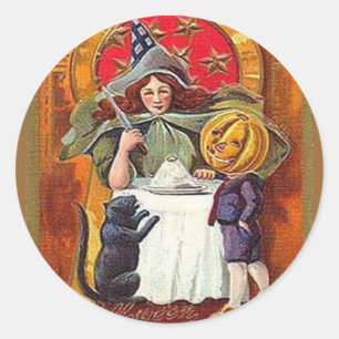 Vintage Halloween Hexe und Pumpkin Head Boy Runder Aufkleber
