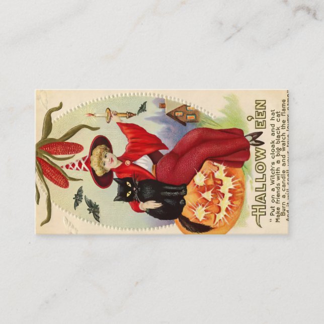 Vintage Halloween-Hexe und Schwarze Katze Begleitkarte (Vorderseite)