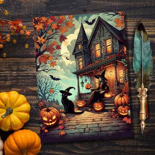 Vintage Halloween-Hexe und Schwarze Katze Feiertagskarte