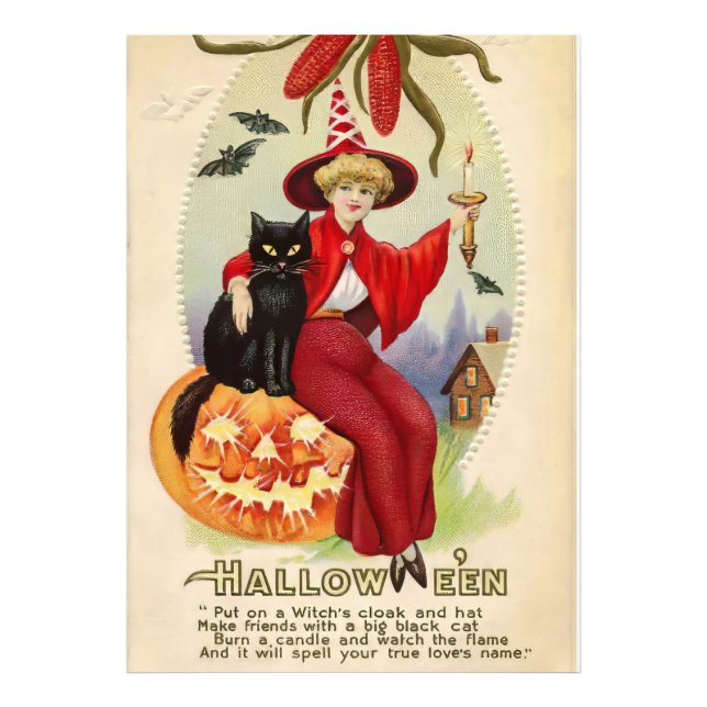 Vintage Halloween-Hexe und Schwarze Katze Fotodruck (Vorne)