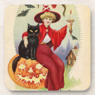 Vintage Halloween-Hexe und Schwarze Katze Getränkeuntersetzer