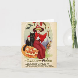 Vintage Halloween-Hexe und Schwarze Katze Karte