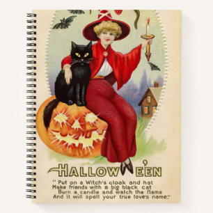 Vintage-Halloween-Hexe und schwarze Katze Notizbuch