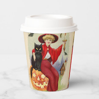 Vintage Halloween-Hexe und Schwarze Katze Pappbecher