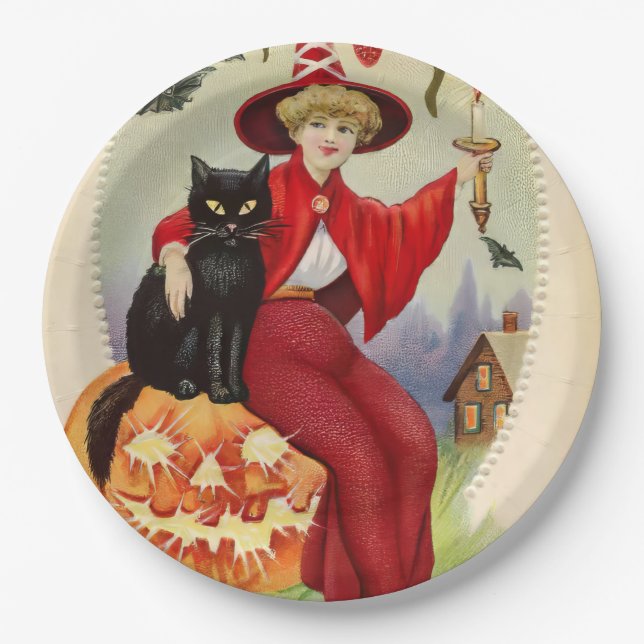 Vintage Halloween-Hexe und Schwarze Katze Pappteller (Vorderseite)