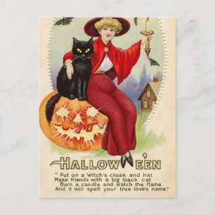 Vintage Halloween-Hexe und Schwarze Katze Postkarte