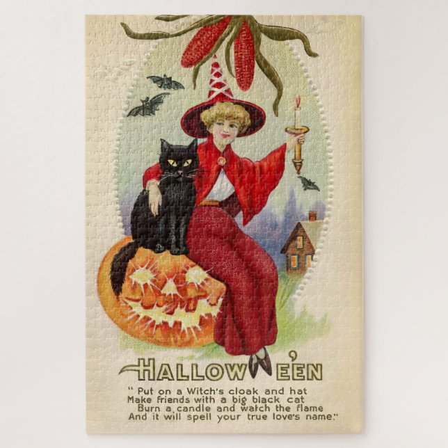 Vintage Halloween-Hexe und Schwarze Katze Puzzle (Vertikal)