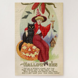Vintage Halloween-Hexe und Schwarze Katze Puzzle