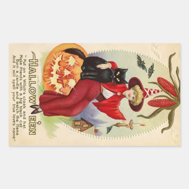 Vintage Halloween-Hexe und Schwarze Katze Rechteckiger Aufkleber (Vorderseite)