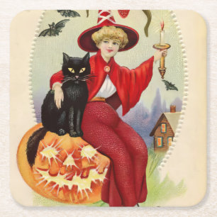 Vintage Halloween-Hexe und Schwarze Katze Rechteckiger Pappuntersetzer